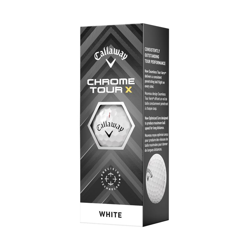 Balles de golf Callaway Chrome Tour X 2024, sphères blanches dans un sachet, conçues pour performance et distance.
