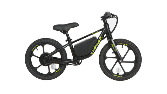 Vélo électrique E-Vélo EUNORAU QUEBEC EKIDS16 1.0, cadre noir, guidon, écran de contrôle, pneus en caoutchouc, vue de face