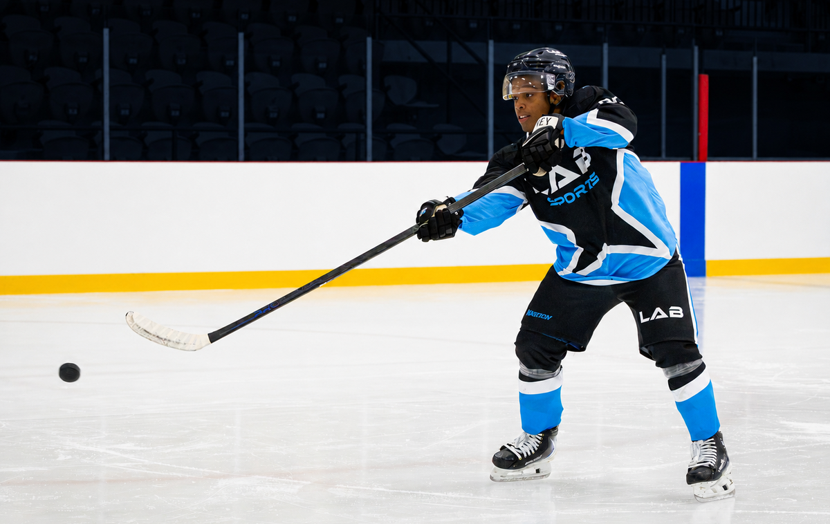 Joueur de hockey effectuant un lancer avec un bâton Pro All Black V2