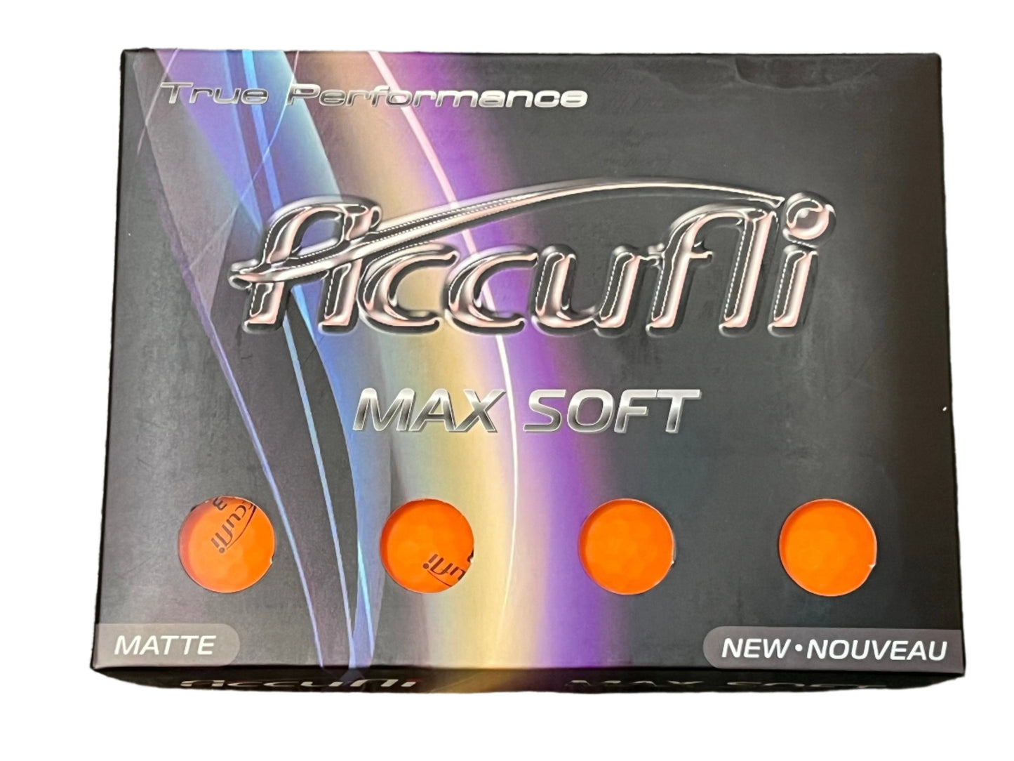 Balles de golf Accufli Max Soft Matte Finish par Golf Stuff dans une boîte orange, lot de 12, finition mate douce.