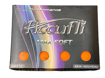 Balles de golf Accufli Max Soft Matte Finish par Golf Stuff dans une boîte orange, lot de 12, finition mate douce.