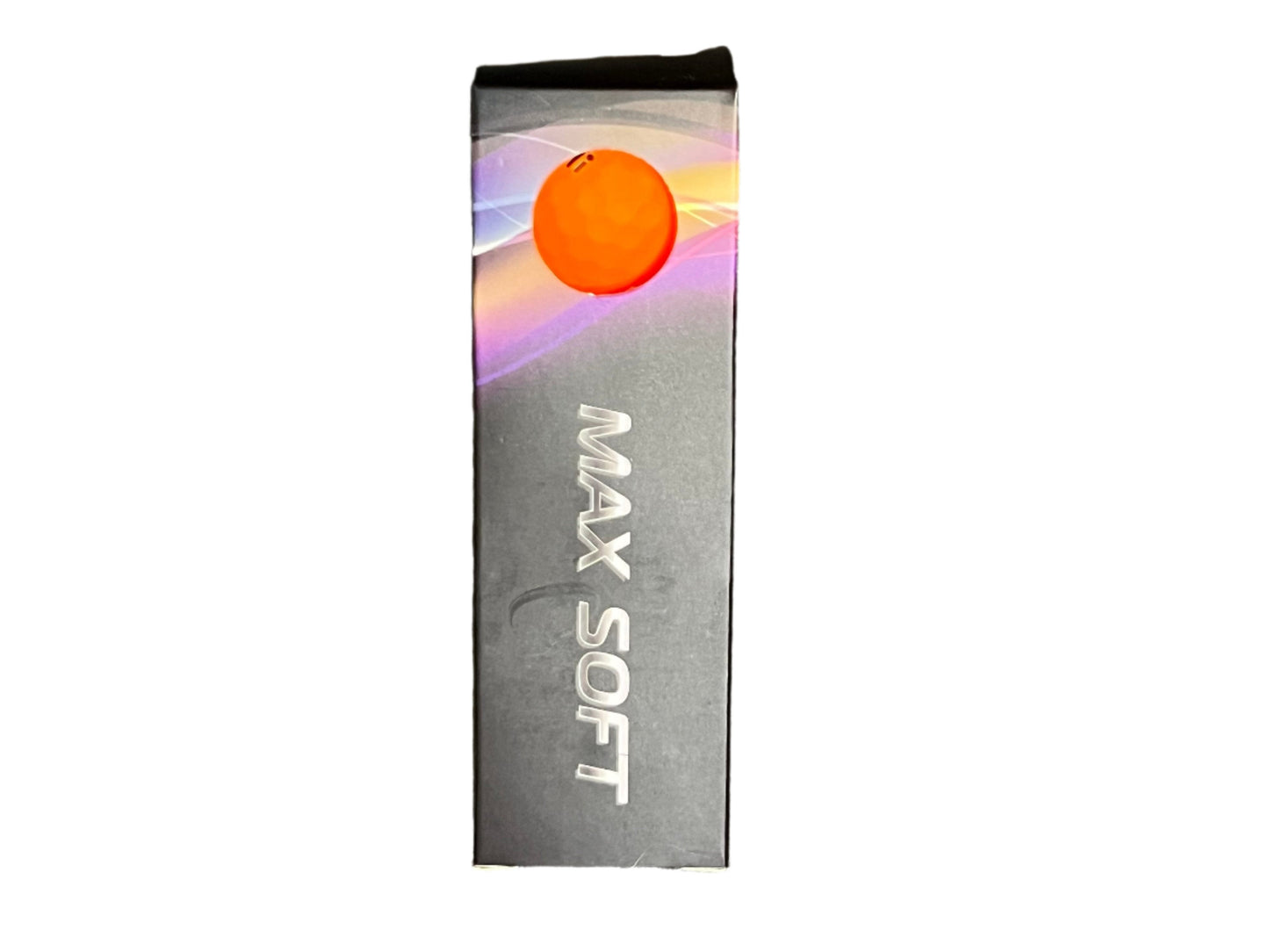 Balles de golf Accufli Max en finition matte douce de la marque Golf Stuff, en boîte orange, visibles en gros plan.
