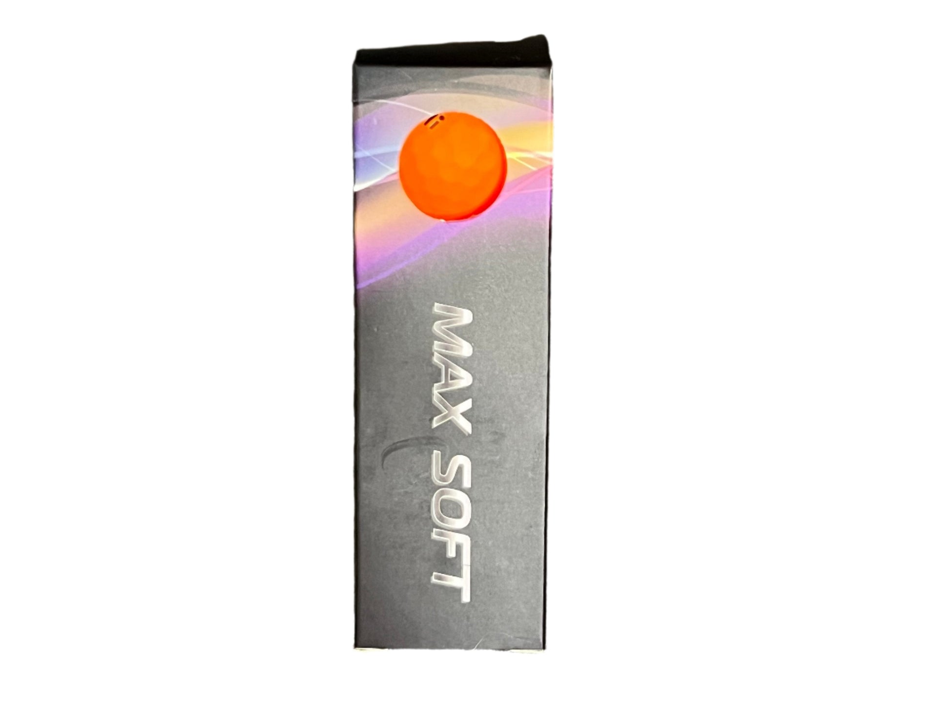 Balles de golf Accufli Max en finition matte douce de la marque Golf Stuff, en boîte orange, visibles en gros plan.