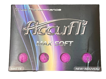 Balles de golf Accufli Max avec finition mate douce, marque Golf Stuff, dans une boîte violette de 12.