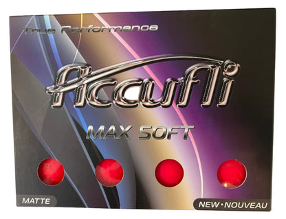 Balles de golf Accufli Max à finition mate douce de Golf Stuff, présentées dans une boîte rouge.