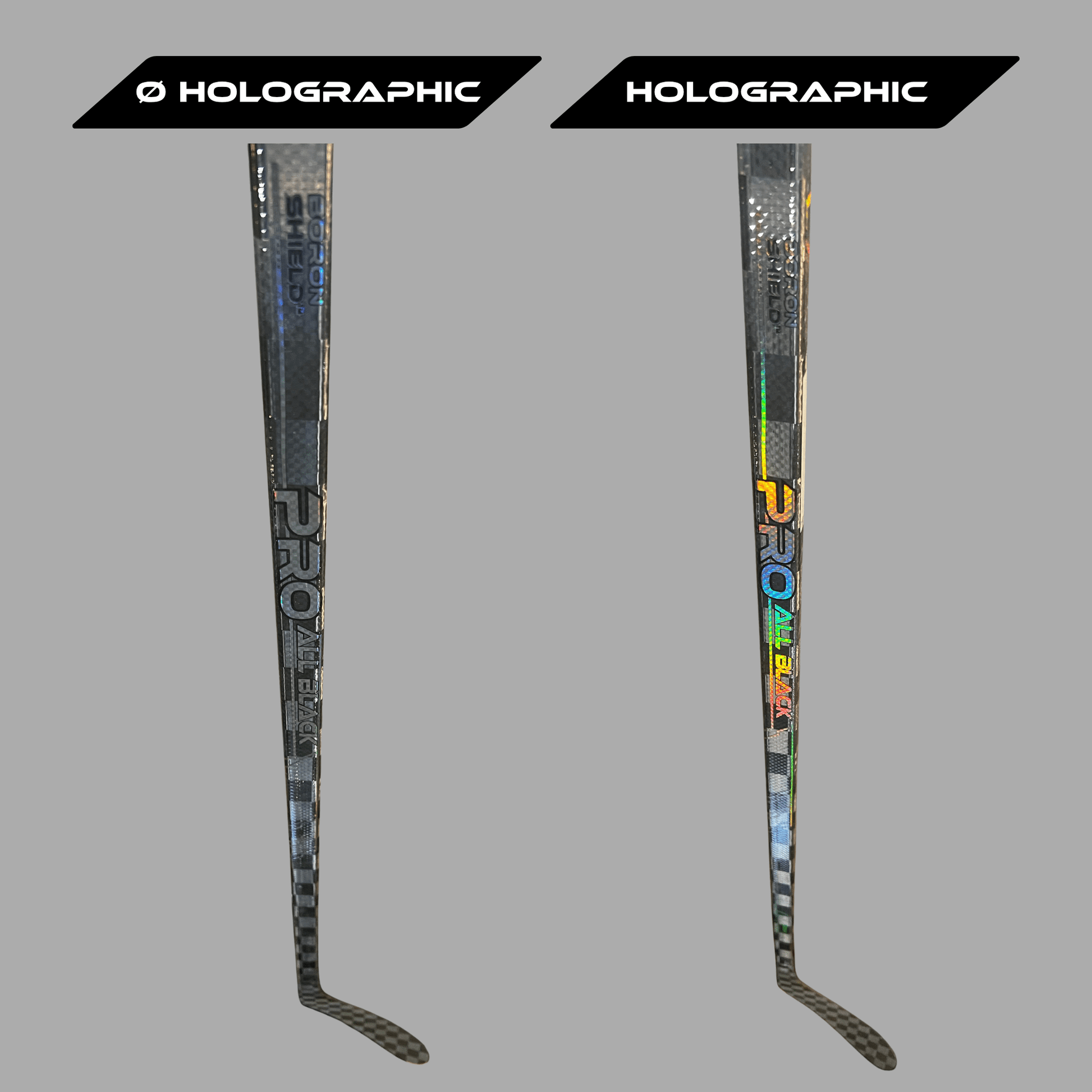 Comparaison du bâton de hockey Pro All Black V2 LabSports avec finition standard et finition holographique sur carbone noir.