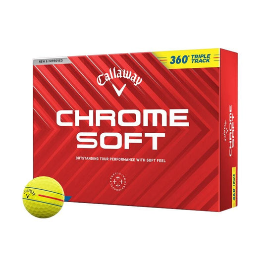 Balles de golf Callaway Chrome Soft 24 avec marqueurs Triple Track en jaune, pour performance et précision sur le parcours.