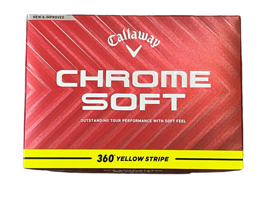 Ballons de golf Callaway Chrome Soft 24, balle de golf jaune avec rayures, dans une boîte de 12, marque Golf Stuff
