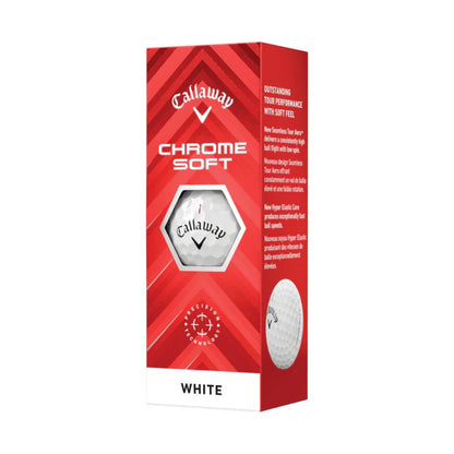 Ballons de golf Callaway Chrome Soft 24, balles de golf de haute qualité de la marque Golf Stuff, vues de face.