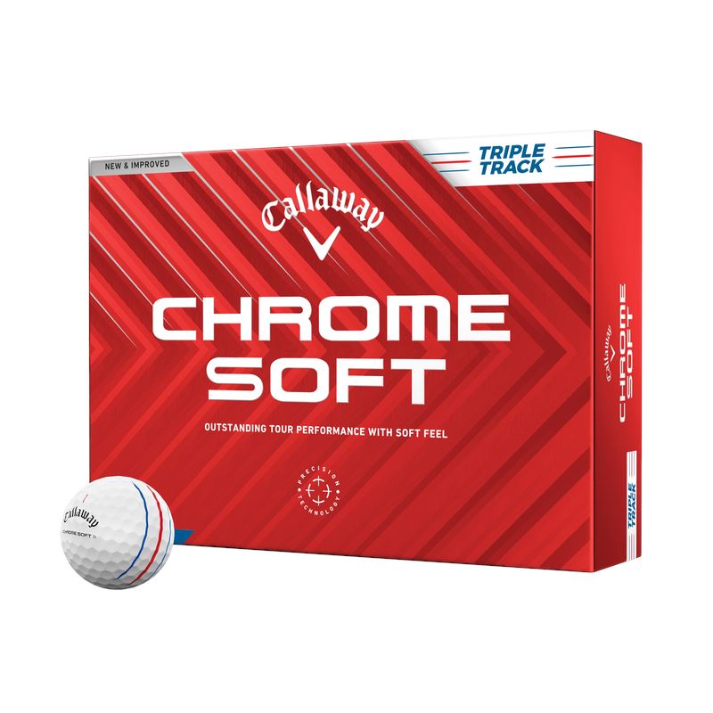Balles de golf Callaway Chrome Soft Triple Track dans une boîte de 24, blanches, pour un meilleur suivi de balle.