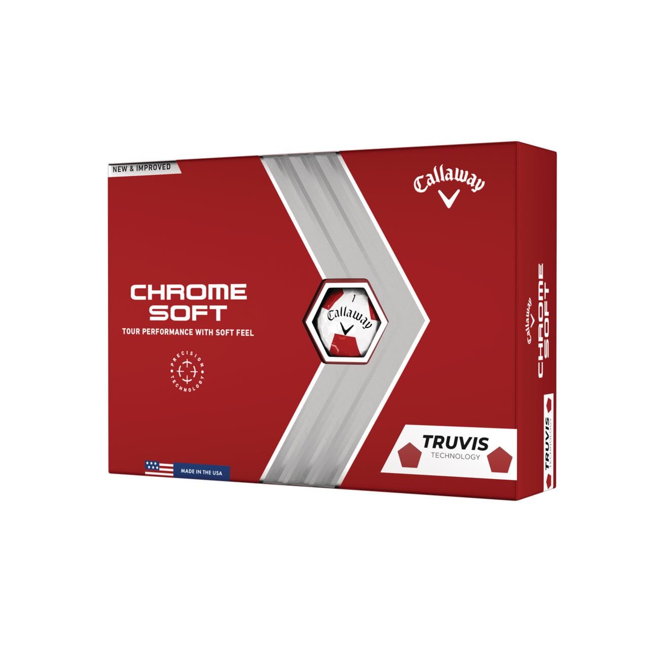 Ballons de golf Callaway Chrome Soft Truvis 2022, boîte de 12, balles blanches et rouges avec motif Truvis.