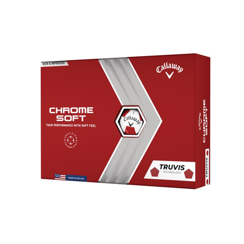 Ballons de golf Callaway Chrome Soft Truvis 2022, boîte de 12, balles blanches et rouges avec motif Truvis.