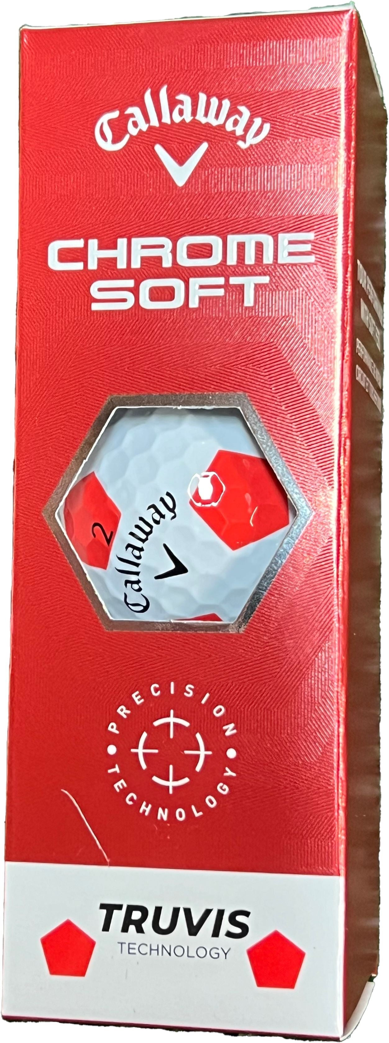 Balles de golf Callaway Chrome Soft Truvis 2022, blanches et rouges, avec motif Truvis, pour une meilleure visibilité sur le terrain.