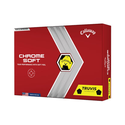 Balles de golf Callaway Chrome Soft Truvis 22, balle de golf jaune dans une boîte de 12, marque Golf Stuff.
