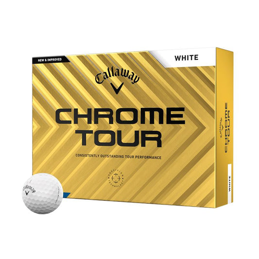 Balles de golf Callaway Chrome Tour 2024, paquet de 12, blanches, conçues pour les performances sur le terrain.
