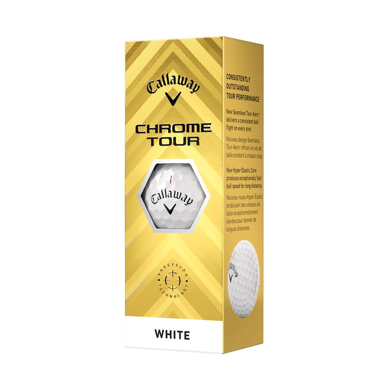 Balles de golf Callaway Chrome Tour 2024, blanches, dans un emballage en sachet, pour performance et durabilité.