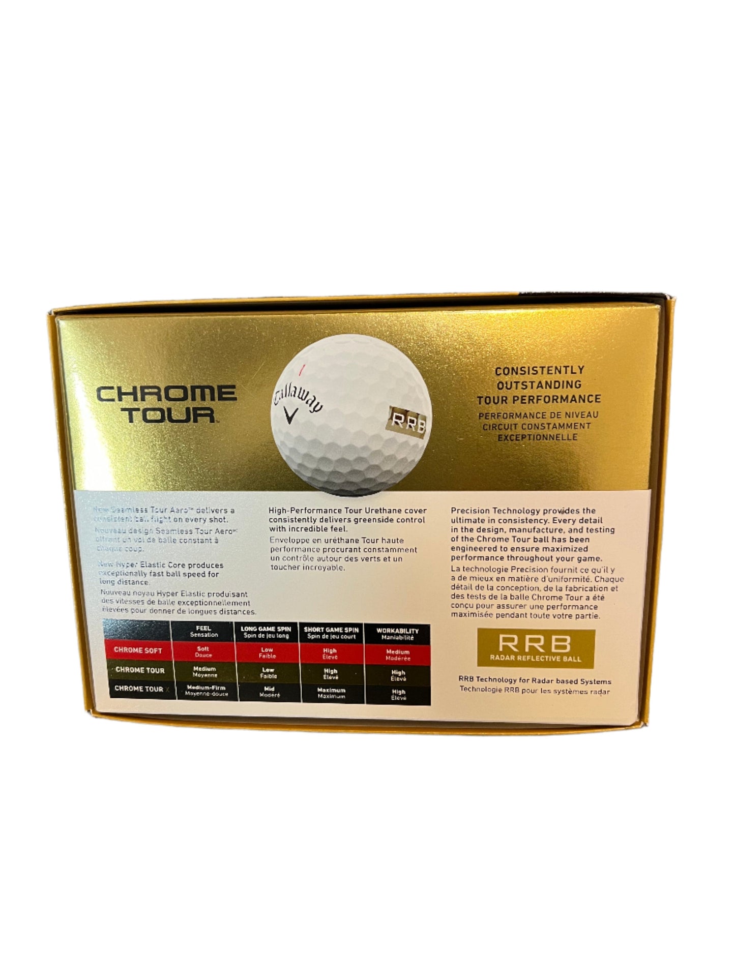 Balles de golf Callaway Chrome Tour RRB 2024, balle de golf blanche avec logo Callaway et design élégant, vue de face
