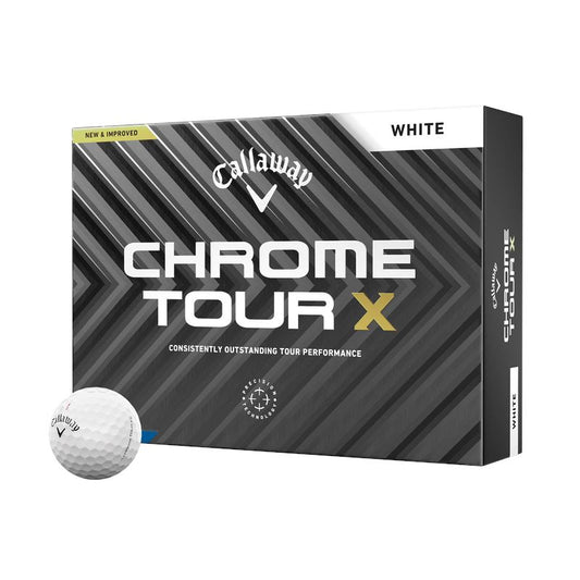 Balles de golf Callaway Chrome Tour X 2024, pack de 12, blanches, conçues pour performance et contrôle sur le terrain.