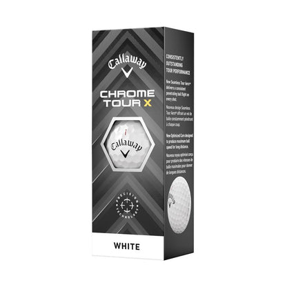 Balles de golf Callaway Chrome Tour X 2024, sphères blanches dans un sachet, conçues pour performance et distance.