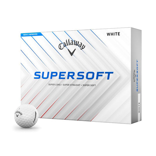 Balles de golf Callaway SuperSoft 2025, balle blanche dans une boîte de 12, conçue pour une douceur et une performance optimales.