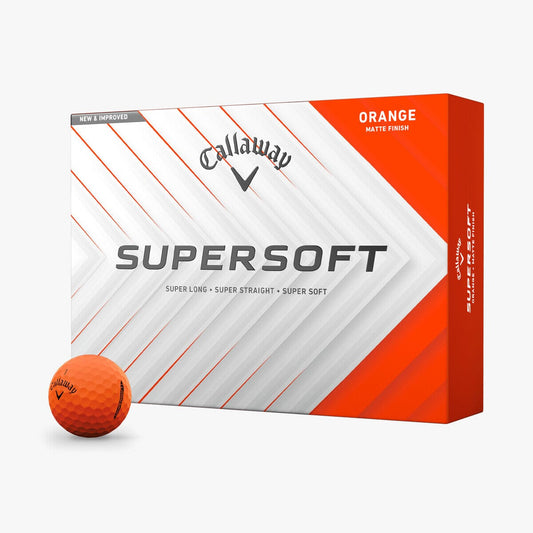 Balles de golf Callaway SuperSoft Matte 2025, balles de golf orange mat dans une boîte de 12, marque Golf Stuff.