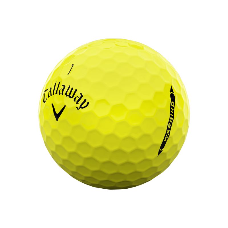 Balles de golf Callaway Warbird Distance+ 2025, balles de golf jaunes avec logo Callaway, vue rapprochée.