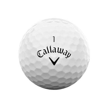 Balles de golf Callaway Warbird Distance+ 2025, balle de golf blanche avec logo Callaway, conçue pour distance et performance.