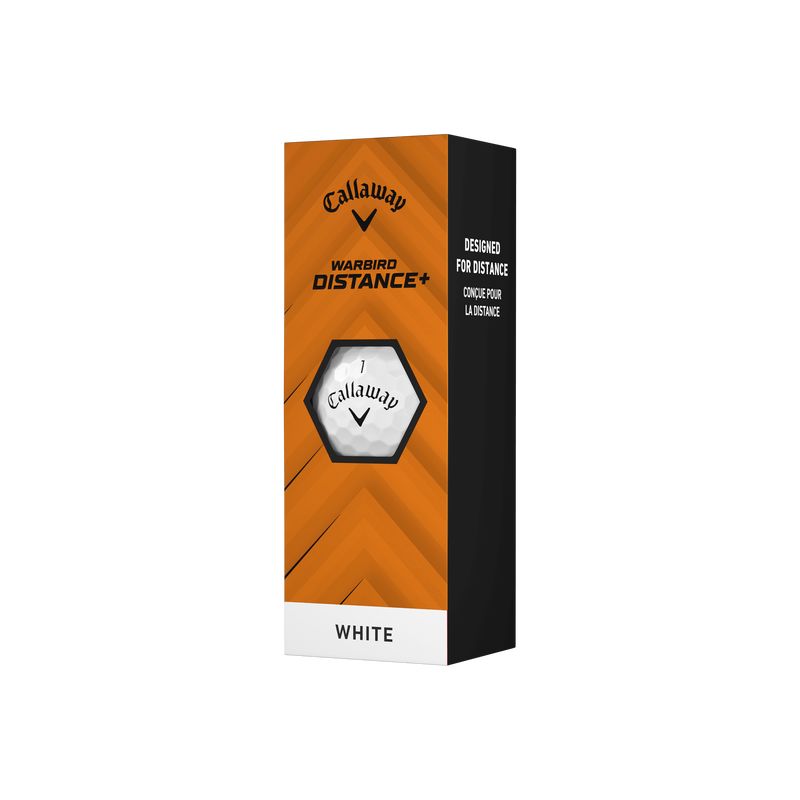 Balles de golf Callaway Warbird Distance+ 2025, blanches, emballage de trois, conçues pour la distance et la performance.