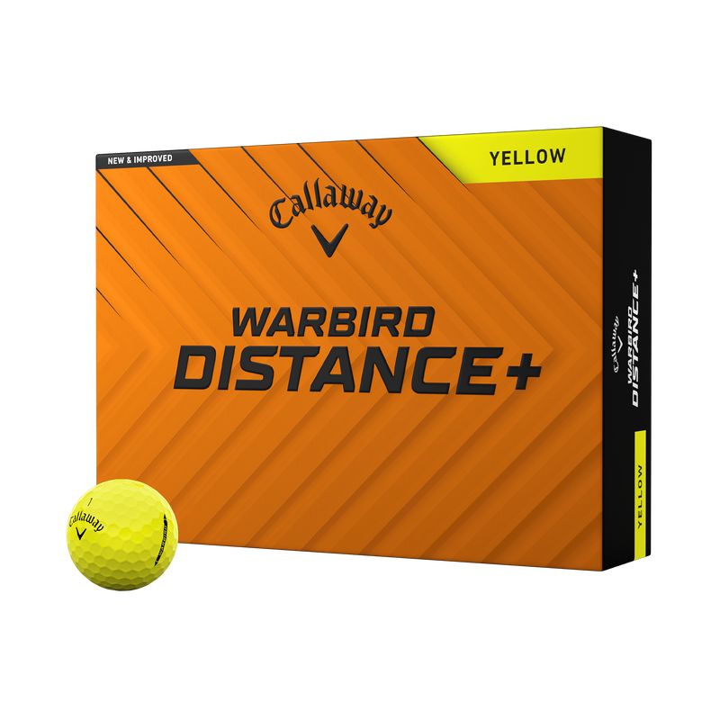Balles de golf Callaway Warbird Distance+ 2025, balle de golf jaune dans une boîte de 12, conçues pour la distance.
