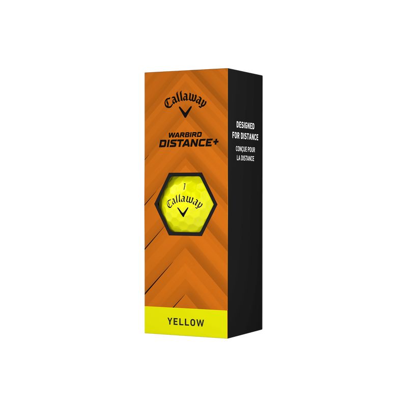 Balles de golf Callaway Warbird Distance+ 2025, balles jaunes pour longue distance, dans un emballage en sleeve.