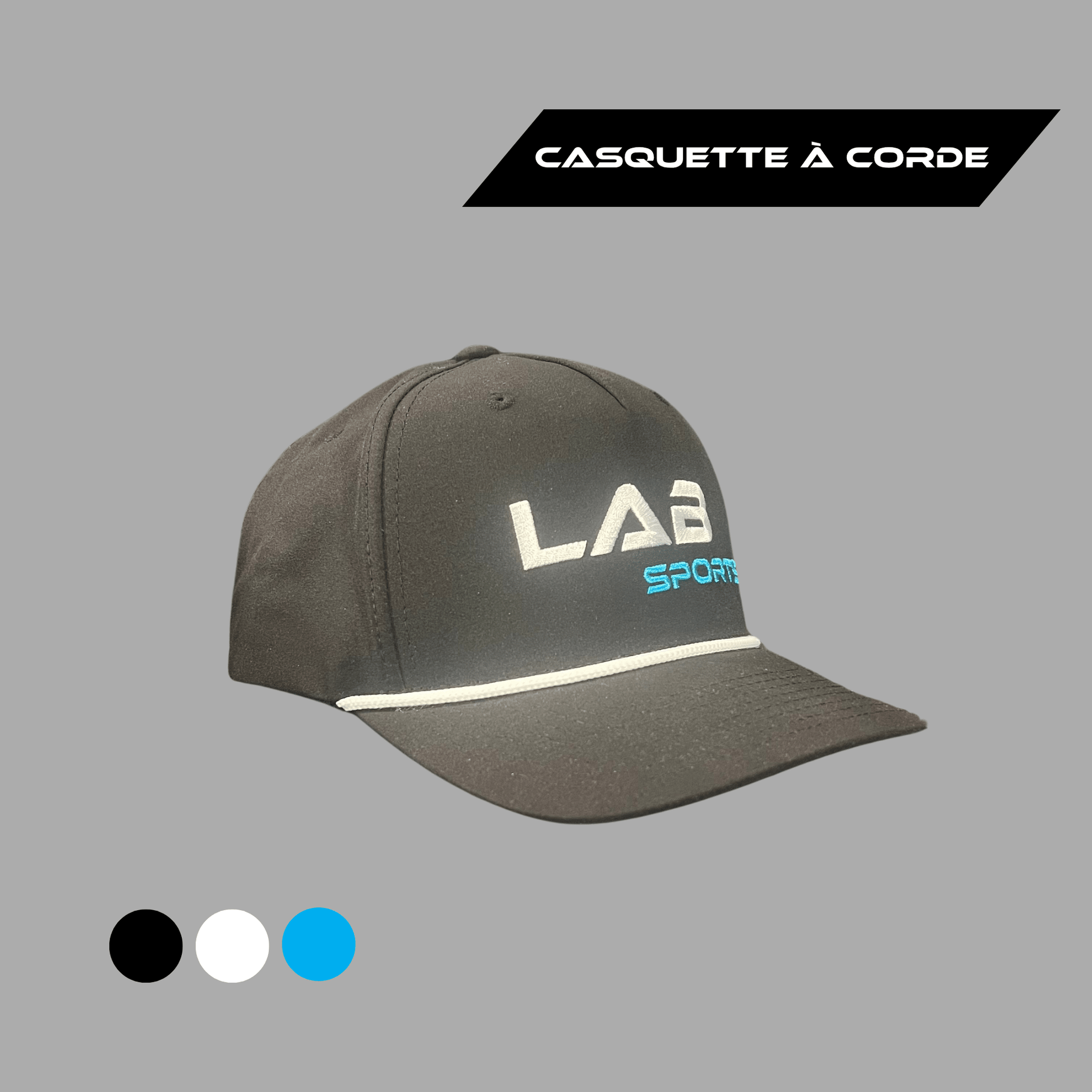 Casquette classique à corde LabSports noire avec logo brodé vue de face.