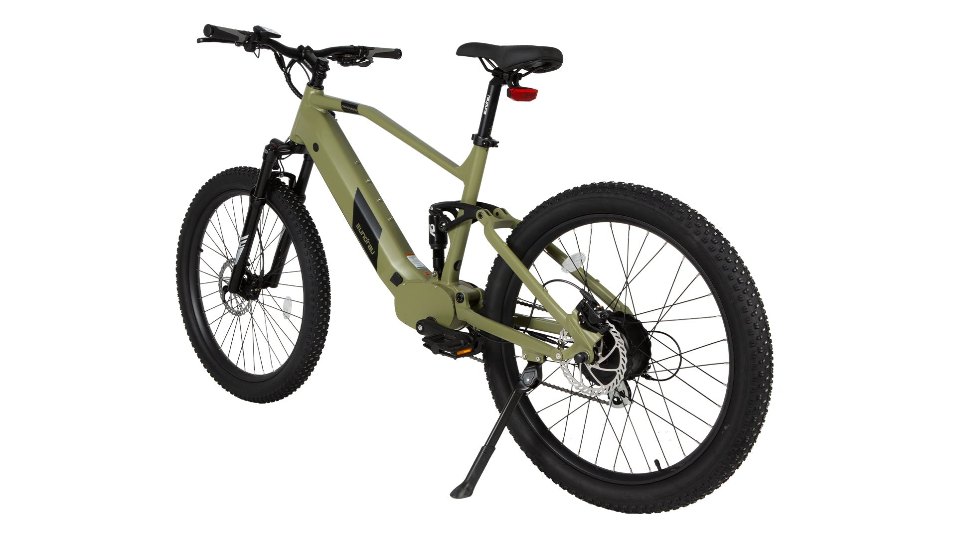 Vélo électrique Defender de la marque E-Vélo EUNORAU QUEBEC, vue de profil avec cadre noir et roues épaisses.