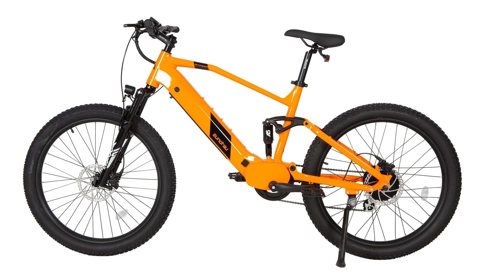 Vélo électrique Defender de la marque E-Vélo EUNORAU QUEBEC, vue de profil avec cadre noir et pneus robustes.