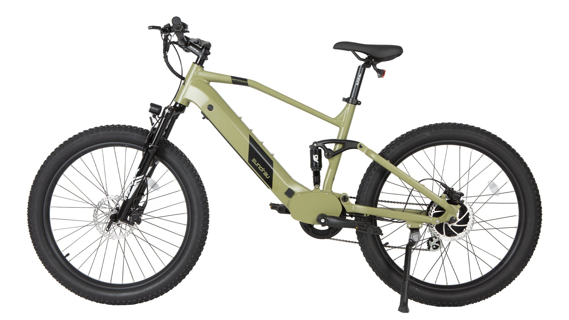 Vélo électrique Defender E-Vélo EUNORAU QUEBEC avec cadre noir, guidon et pneus en gros plan, prêt pour la route.