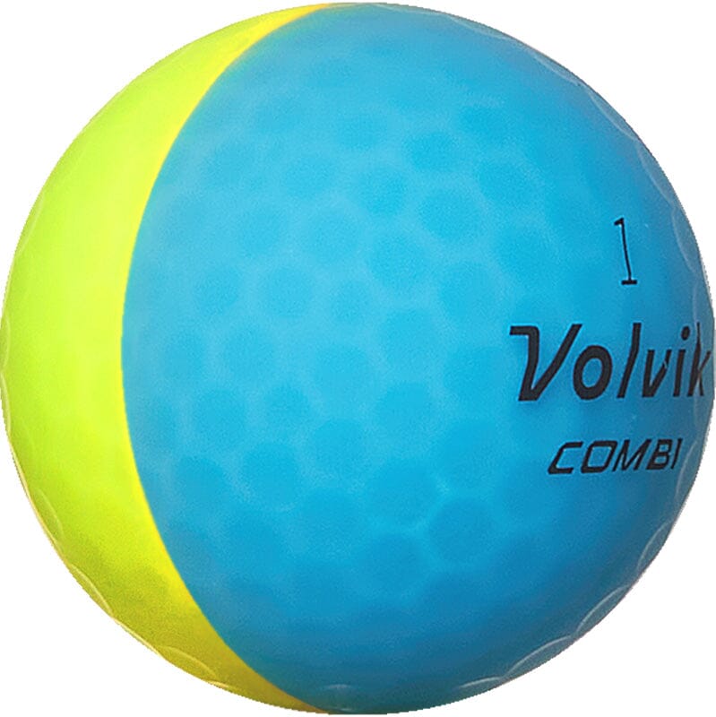 Balles de golf Volvik Vivid Combi de la marque Golf Stuff, ensemble de trois balles bleues et jaunes.
