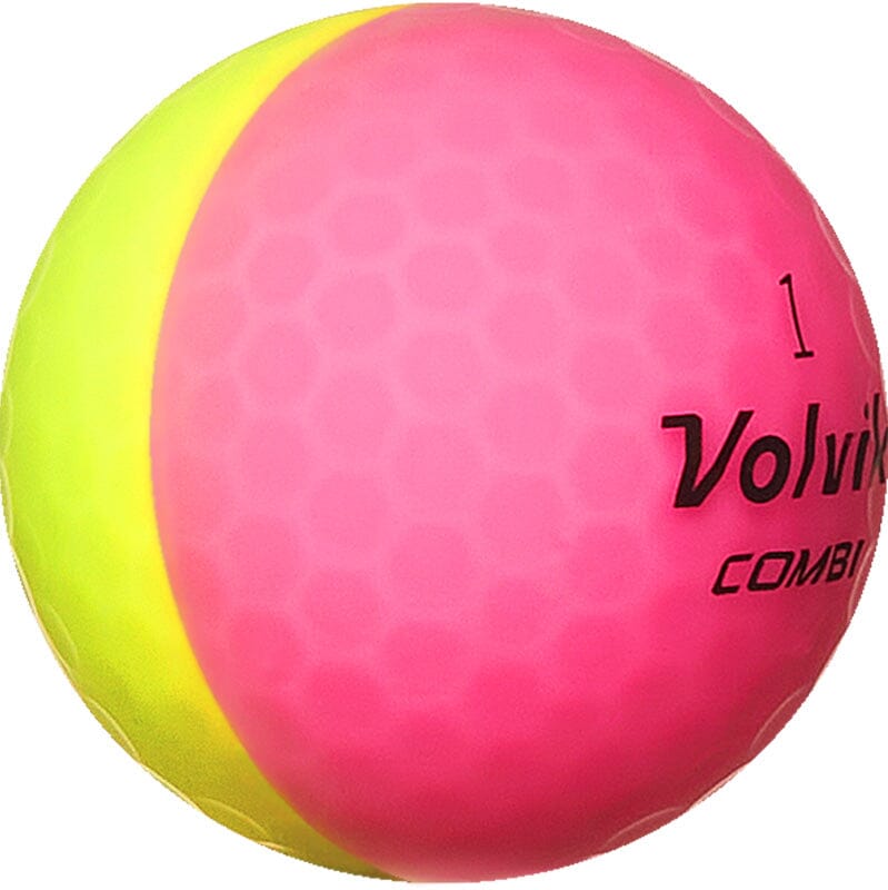 Ballons de golf Volvik Vivid Combi, balle colorée rose et jaune, en sleeve, marque Golf Stuff, visible en détail dans l'image.