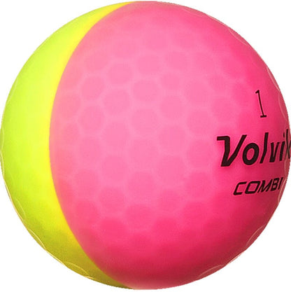 Ballons de golf Volvik Vivid Combi, balle colorée rose et jaune, en sleeve, marque Golf Stuff, visible en détail dans l'image.