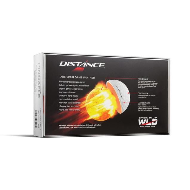 Balles de golf Pinnacle Distance 2025, marque Golf Stuff, vue rapprochée des balles de golf blanches pour long jeu.