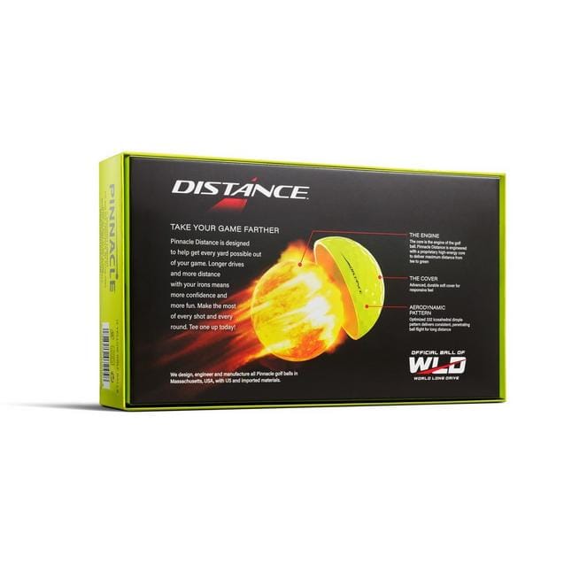 Balles de golf Pinnacle Distance 2025 de la marque Golf Stuff, vue rapprochée avec logo et design blanc et vert.