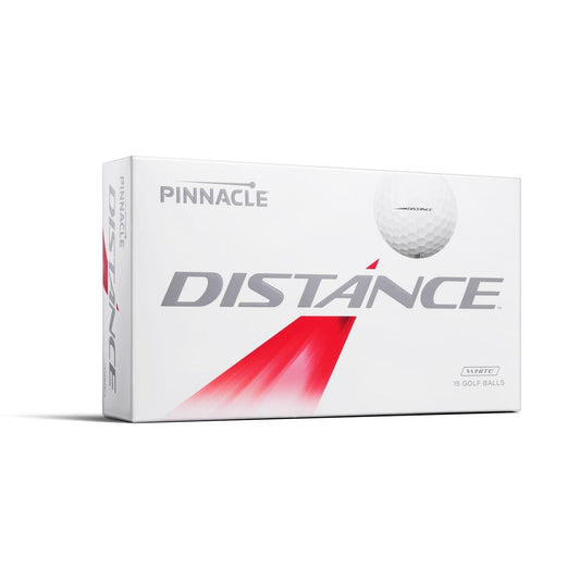 12 balles de golf Pinnacle Distance Golf Balls 2025 de la marque Golf Stuff dans une boîte blanche, conçues pour la distance.