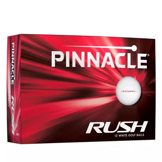 Balles de golf Pinnacle Rush de Golf Stuff dans une boîte blanche, vues de face, pour un jeu de golf performant.