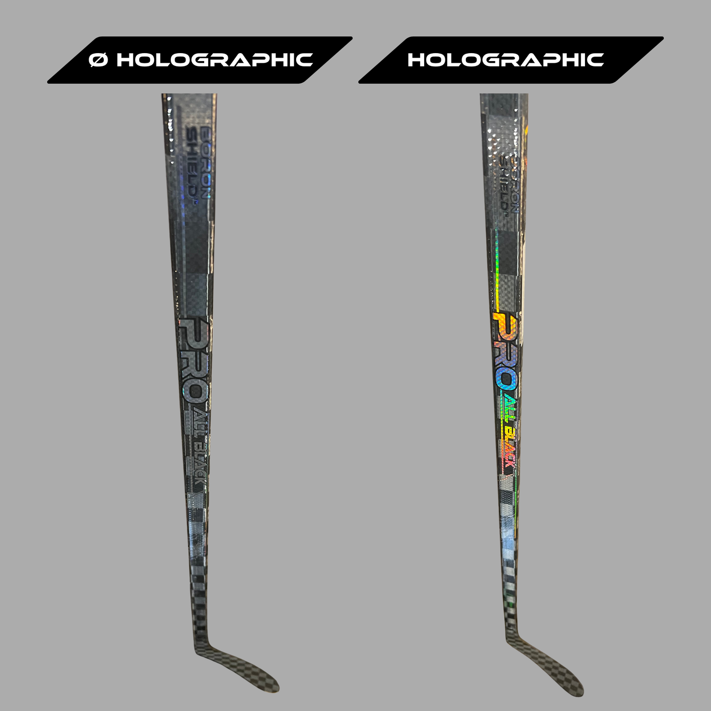 Comparaison du bâton de hockey Pro All Black V2 LabSports avec finition standard et finition holographique sur carbone noir.