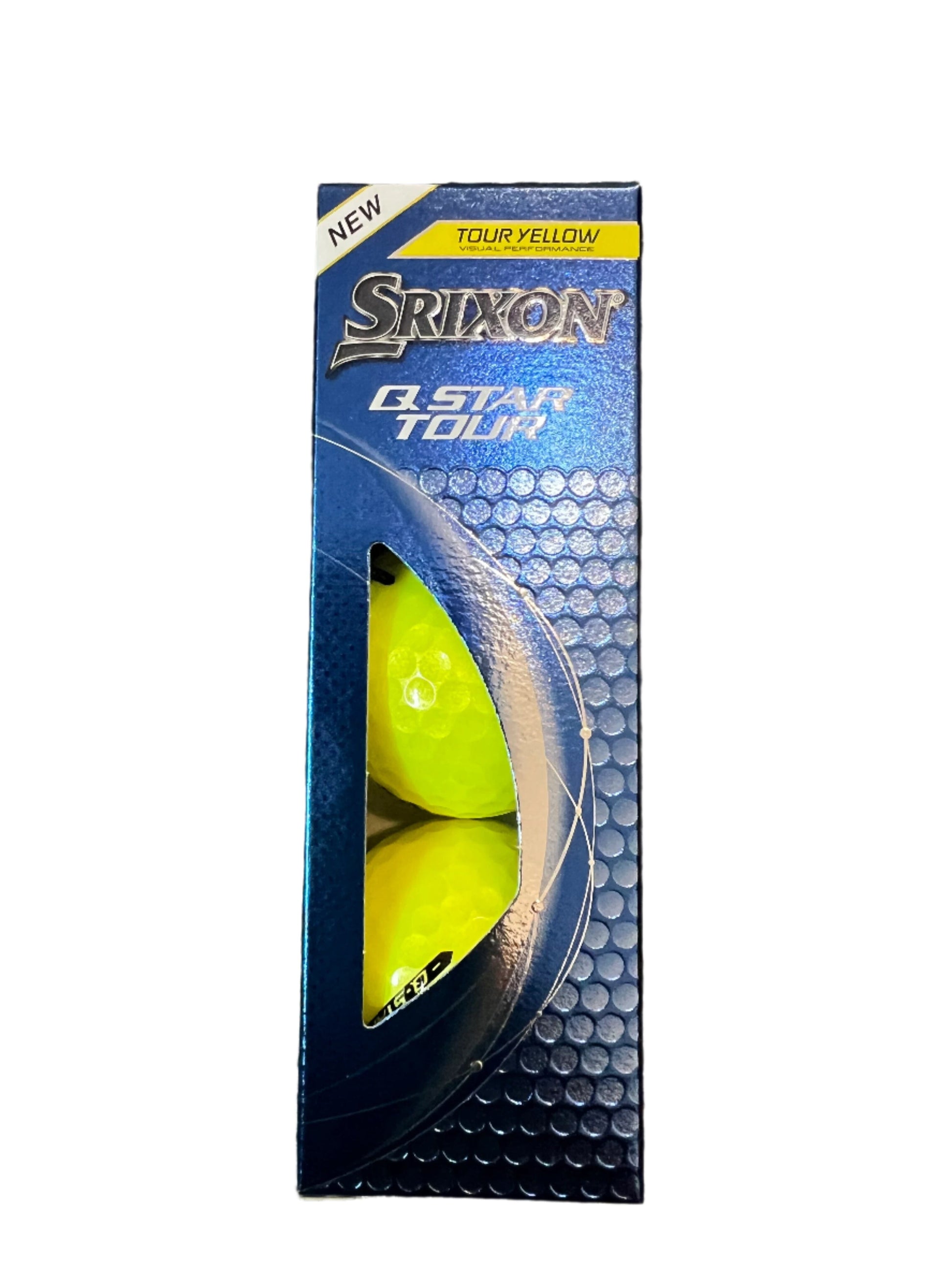 Ballons de golf Srixon Q Star Tour 5 '24 de Golf Stuff, en vrac, avec logo jaune sur un fond blanc.