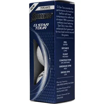 Ballons de golf Srixon Q Star Tour 5 '24 de Golf Stuff, paquet de trois balles blanches avec logo.