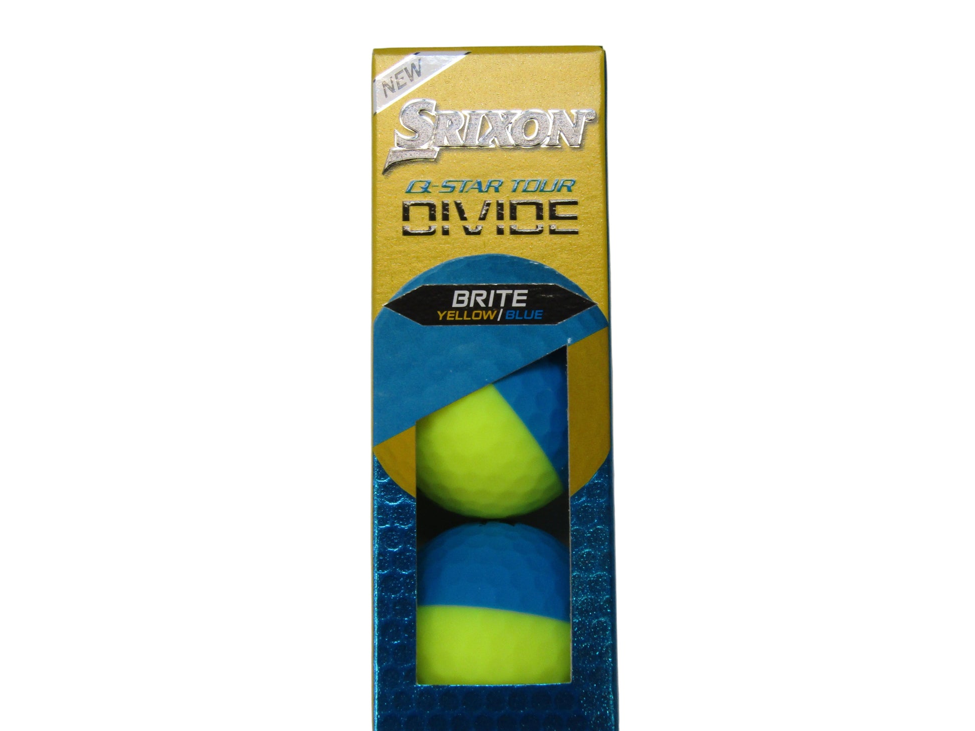 Balles de golf Srixon Q-Star Tour Divide 2 '24, balle brillante jaune et bleue dans un tube de 3, marque Golf Stuff.