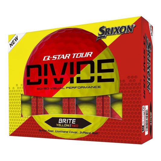 Boîte de 12 balles de golf Srixon Q-Star Tour Divide 2 '24, balles jaunes et rouges brillantes, marque Golf Stuff.
