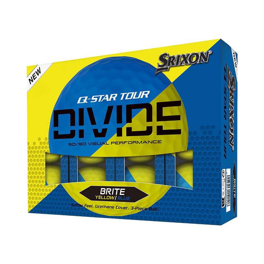 Boîte de 12 balles de golf Srixon Q-Star Tour Divide 2 '24, balles jaunes et bleues brillantes, marque Golf Stuff.