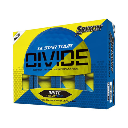 Boîte de 12 balles de golf Srixon Q-Star Tour Divide 2 '24, balles jaunes et bleues brillantes, marque Golf Stuff.