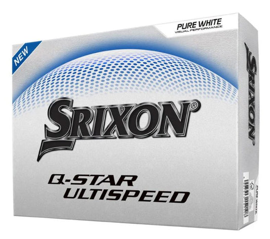 Balles de golf Srixon Q-Star Ultispeed dans une boîte blanche, conçues pour une performance optimale sur le terrain.
