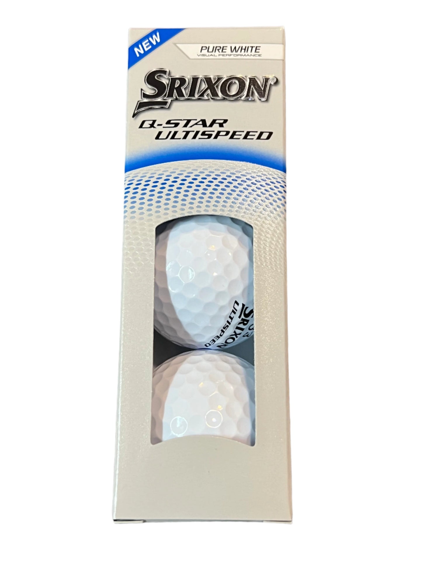 Ballons de golf Srixon Q-Star Ultispeed de la marque Golf Stuff, paquet de trois balles blanches dans un emballage.